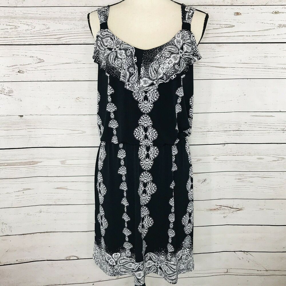 Style & Co Small Dress Geometric Sleeveless Blouson Ruffled V-Neck Stretch Black